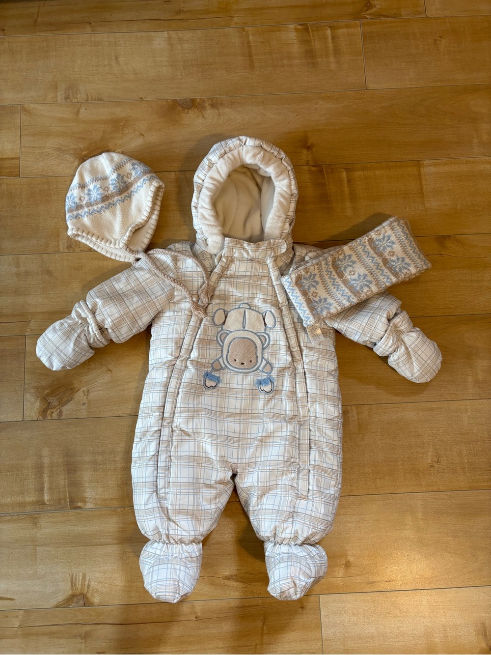 3 piece Neutral Plaid Infant Snowsuit One-Piece with Hood and Mittens